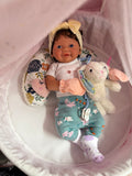 Gracie 17” W/ NEWBORN CURLY HAIR ,CUSTOM MADE Full Body PREMIUM Silicone- No mold seam lines on limbs! TAN Skin, open mouth tat 10-15 days