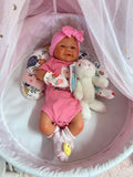 Neilani 18” Full Silicone Baby Girl tan skin, no hair, open mouth approx 6lbs