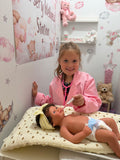 Gracie 17” W/ NEWBORN CURLY HAIR ,CUSTOM MADE Full Body PREMIUM Silicone- No mold seam lines on limbs! TAN Skin, open mouth tat 10-15 days